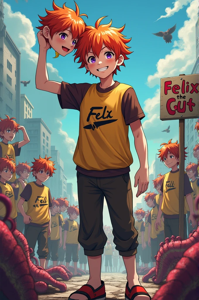 This image has to be in anime, an 18-year-old teenager without a head. He is holding his head in his left hand. He has orange hair and he has purple eyes and he is giving a beautiful smile. He is wearing a yellow and brown outfit that says Cut with a drawing of a machete. He is without his right arm. He is in a battle zone with several clones of him fighting monsters and has a sign that says his name Felix the Cut. This sign is stuck inside his body, going through him.