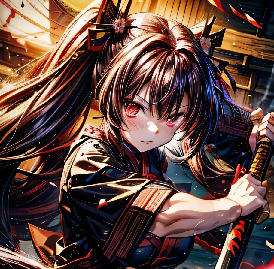 Dark red hair in twin tails　Yagyu Shinkage-ryu Sword Master&#39;s License　Presence　Japanese sword　Beauty　swordsmanship　　Yan Fei&#39;s Sword　Nine Swords　One Yen Stance　Swordless Capture　front　Surrounded by Enemy Samurai　Whole body　Yagyu Jubei　Maid　battle　Fall of the Castle
