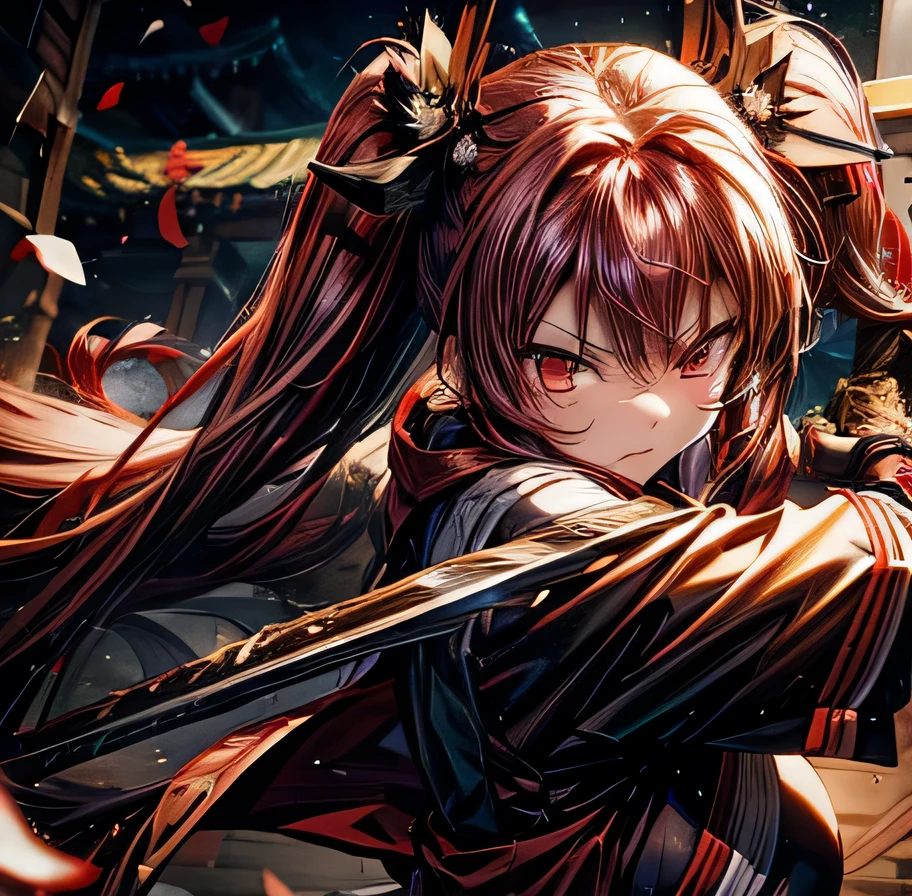 Dark red hair in twin tails　Yagyu Shinkage-ryu Sword Master&#39;s License　Presence　Japanese sword　Beauty　swordsmanship　　Yan Fei&#39;s Sword　Nine Swords　One Yen Stance　Swordless Capture　front　Surrounded by Enemy Samurai　Whole body　Yagyu Jubei　Maid　battle　Fall of the Castle
