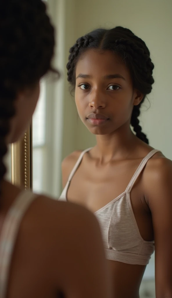 A sad young white  girl looking in the mirror wearing a bra, short hair, braids on the left side, perfect face