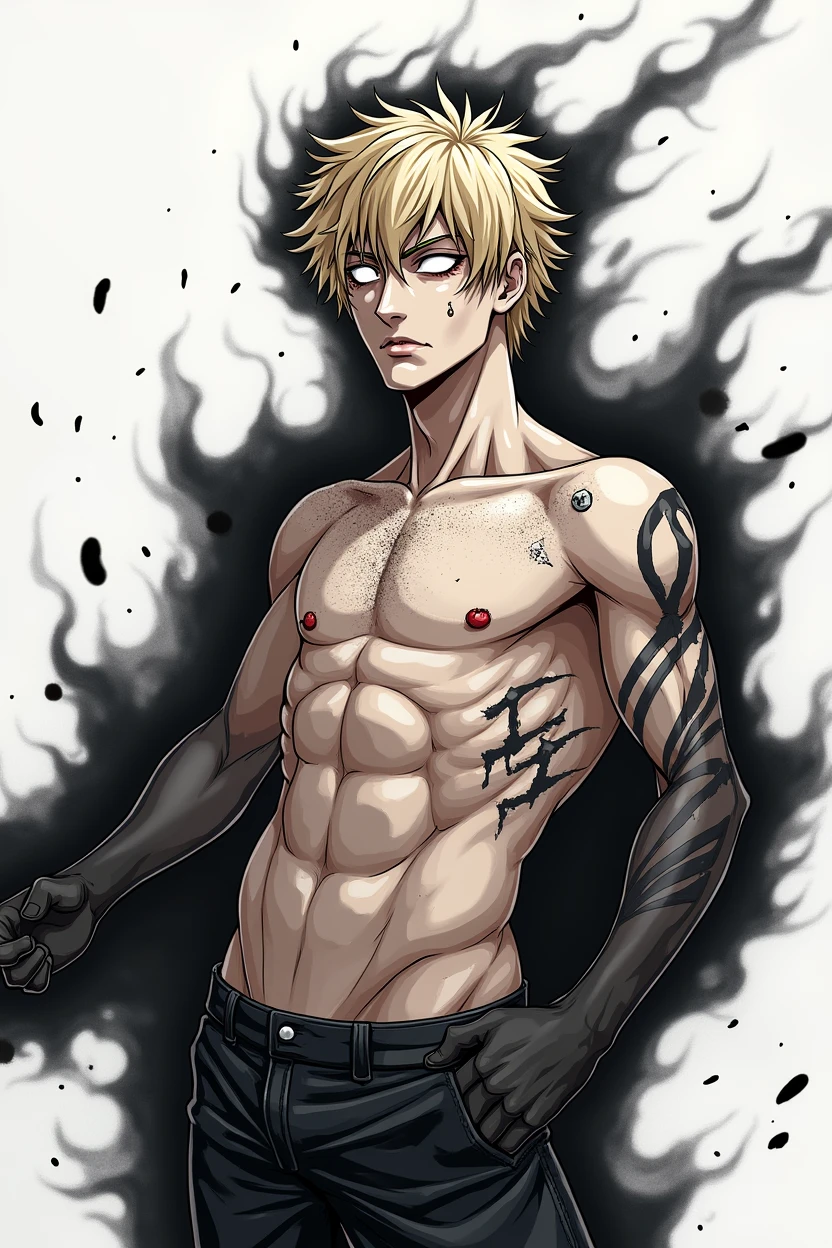 entity, masculine, adolescent, black and white, white eyes without pupils, blond hair, shirtless, athletic body, manga style, black aura coming out of his entire body, angry face, intimidating, Closed mouth, enojado, estilo de dibujo desordenado, detalles faciales con rayas, wounds, anime, 4k, White background