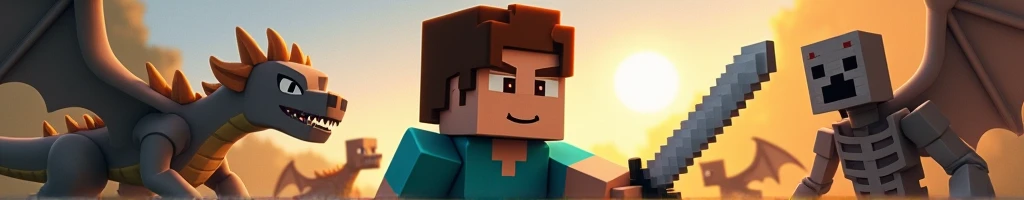 boy with brown hair, Eye Brown, and small diamond earring, com terno preto, minecraft style, with a sword, Fighting with a dragon, A zombie, a spider, and a skeleton.
