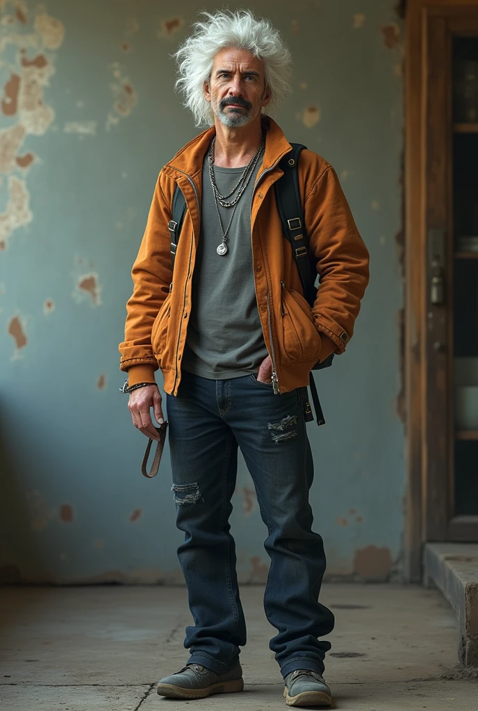 An average boy (1,74) brunette skin, long wavy white hair, blue colored eyes, a light goatee, Healthy body (not fit or muscular), he was apparently 30 to 35 years old, He looks mature but kind ((semi realistic style))((concept art))((whole body))((fully body))((punk style))