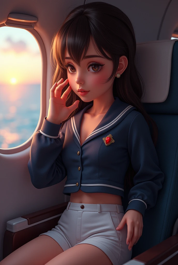 SFW ((fermer)) visage parfait, yeux détaillés, texture détaillée des vêtements, Qualité supérieure 8K ultra-détaillée (chef-d'œuvre:1.2)(ProfessionnelPhoto:1.37), Extrêmement détaillé (Reclined Pestenger seat) (Écolière penchée en arrière), est, écarter les genoux, Uniforme de marin avec ruban rouge (((culotte blanche))) PrincesseTiara, anatomie correcte, main parfaite (4 doigts et un pouce), Doigts enfantins corrigés, ligne jambe-pied corrigée, (bras cachés), ((Lumières colorées et étoilées au crépuscule))