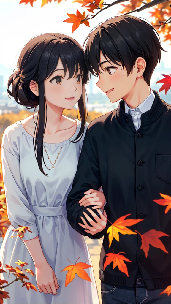 Young couple from high school era, in love, exchanging heartfelt words, happy smiles, ultradetailed, realistic, best quality, 4k, atmospheric, clean lines, vibrant colors, sunlit, close up faces, sharp focus, depth of field, clear skies, autumn leaves falling, orange and red hues, gentle wind, soft shadows, dreamy background.

Boy: (looking deeply into her eyes) I've fallen in love with you, you know?
Girl: (gently touching his hand) I've known for a long time now. I've loved you too.
Boy: (smiling) I'm so glad.