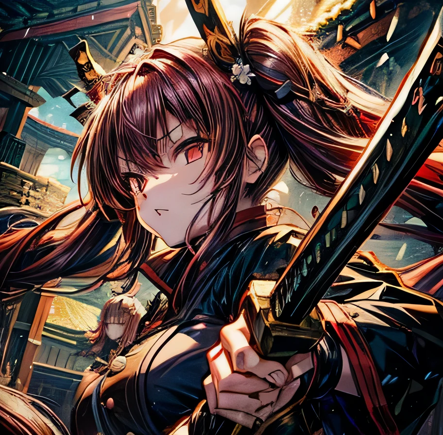 Dark red hair in twin tails Yagyu Shinkage-ryu Sword Master's License Presence Japanese sword Beauty swordsmanship Yan Fei's Sword Nine Swords One Yen Stance Swordless Capture front Surrounded by Enemy Samurai Whole body Yagyu Jubei Maid battle Fall of the Castle
