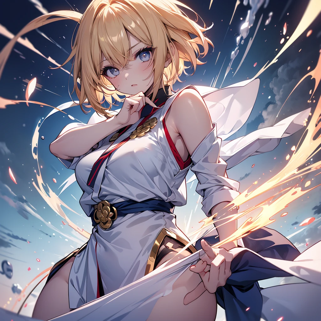 A stunning female Super Saiyan。Blonde short straight hair,Soft and shiny,Floating in the wind。Exquisite and three-dimensional facial features,Eyes bright as stars,A resolute and courageous look。
She is wearing an orange-red martial arts uniform similar to Sun Wukong,The top is loose,White trim on collar and cuffs。Clothes are light and tough,Fits the figure,Accentuate muscle lines。The lower body is loose martial arts pants,Trouser hem cuffs。Wide blue belt tied at waist,There are mysterious patterns on it。
Firm and elastic arm and leg muscles,Explosive。The golden and blue energy rays continue to surge around the body.,Like a whirlpool,With a slight electric glow。with a serious and focused expression,tight lips,Exudes a powerful and invincible aura。