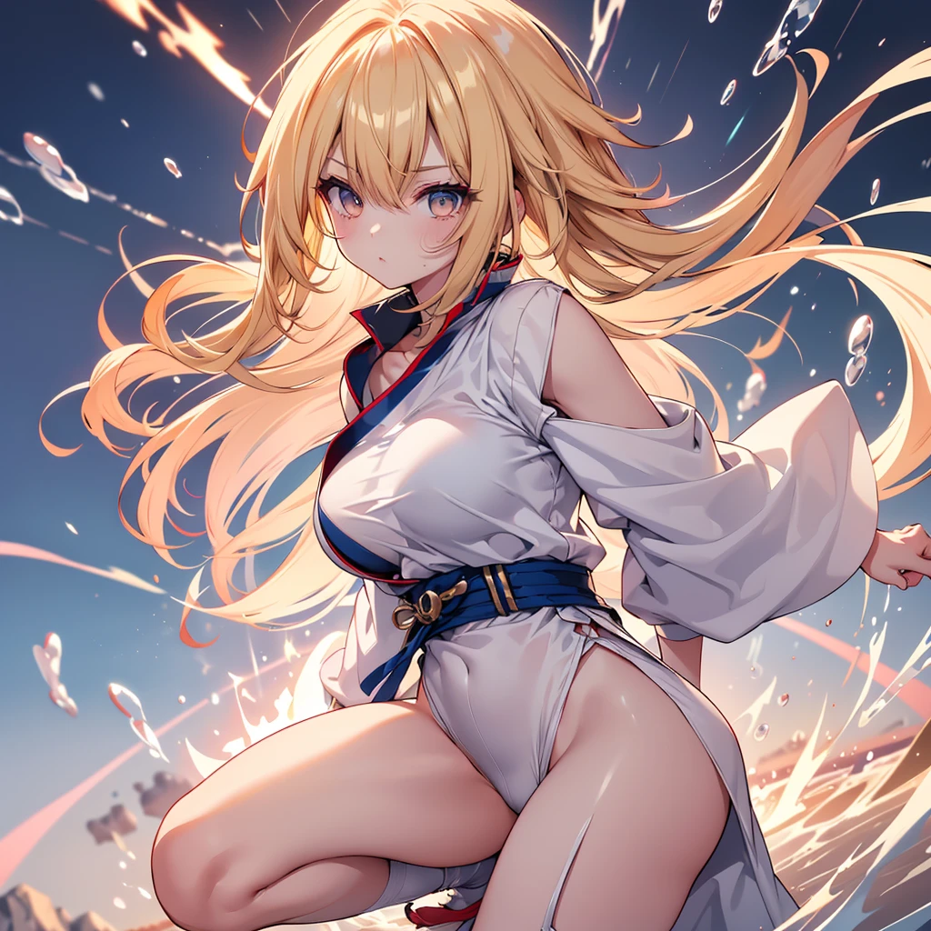 A stunning female Super Saiyan。Blonde short straight hair，Soft and shiny，Floating in the wind。Exquisite and three-dimensional facial features，Eyes bright as stars，A resolute and courageous look。
She is wearing an orange-red martial arts uniform similar to Sun Wukong，The top is loose，White trim on collar and cuffs。Clothes are light and tough，Fits the figure，Accentuate muscle lines。The lower body is loose martial arts pants，Trouser hem cuffs。Wide blue belt tied at waist，There are mysterious patterns on it。
Firm and elastic arm and leg muscles，Explosive。The golden and blue energy rays continue to surge around the body.，Like a whirlpool，With a slight electric glow。with a serious and focused expression，tight lips，Exudes a powerful and invincible aura。