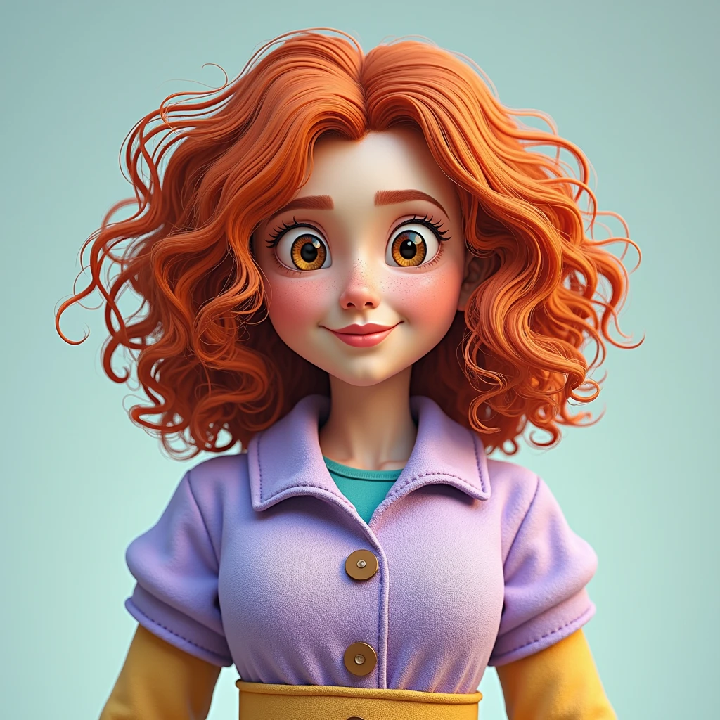 create a disney pixar style character, 3d, Woman, curtain,short curly orange hair, use transparent eyes, dressed in a white coat and lilac dress, chubby
