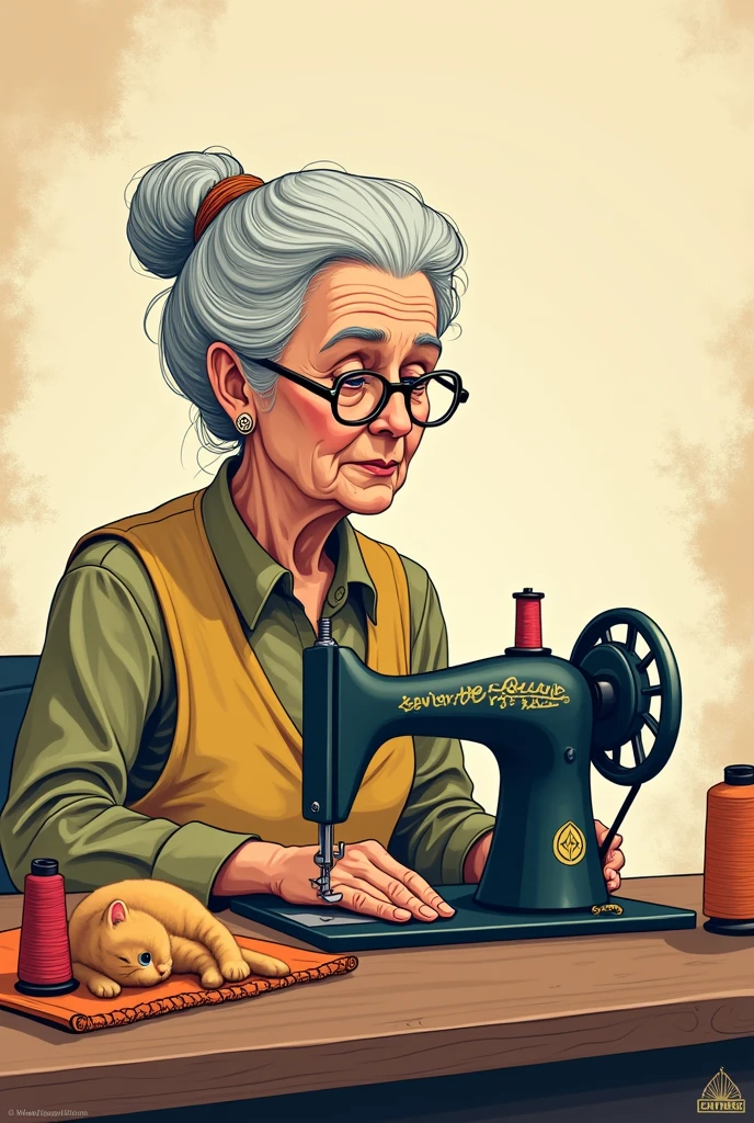 Create an image of a campaign for city councilor with an elderly lady, glasses and a sewing machine in a drawing written by Maurinha Fernandes, sewing the future!