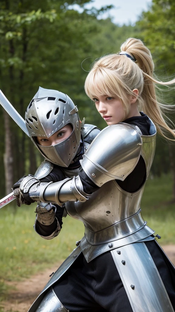 A female knight with a two-handed sword in her hands in an attacking position. Silver armor without helmet, leaving her face with fine features and blond hair to shine 