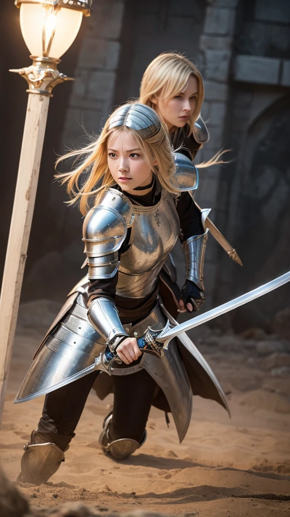 A female knight with a two-handed sword in her hands in an attacking position. Silver armor without helmet, leaving her face with fine features and blond hair to shine 
