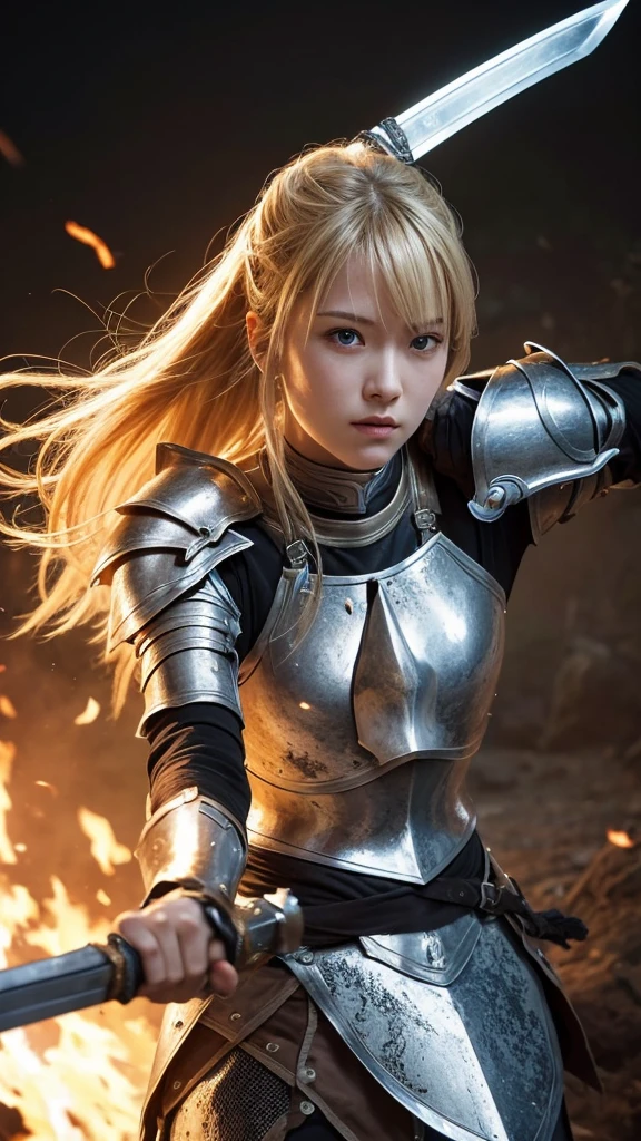 A female knight with a two-handed sword in her hands in an attacking position. Silver armor without helmet, leaving her face with fine features and blond hair to shine 