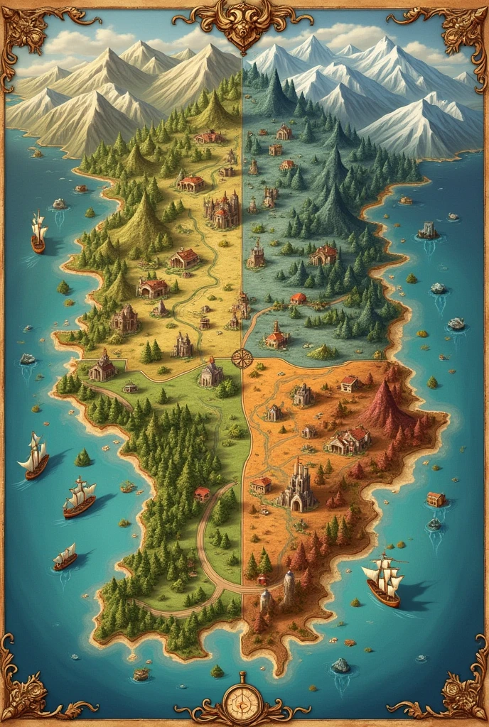 Design a medieval map where a continent is divided into four sections based on the four seasons (summer, spring, autumn and winter) 