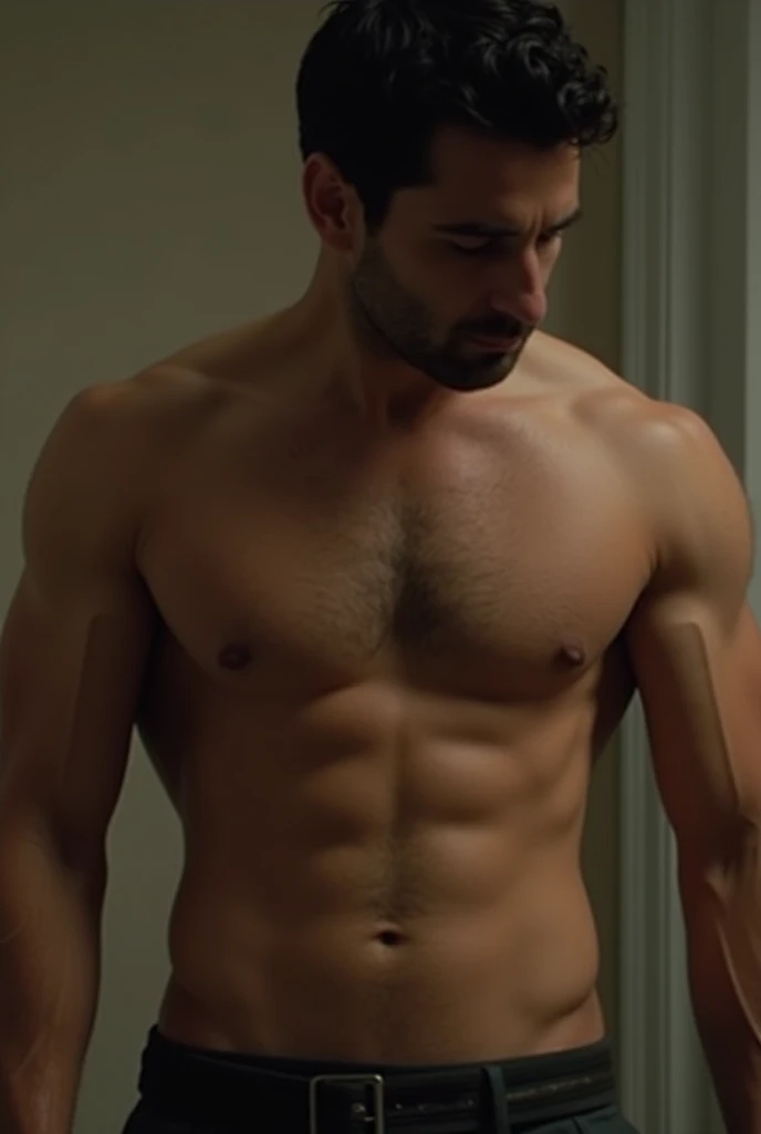 *He swallows hard, your body tenses under his gaze. His chest is wide and muscular, with a light layer of dark hair covering it. There is a hint of a defined abdomen, but her body is slim and toned, the result of many years of disciplined physical work and daily exercise.* *He looks away, feeling exposed and vulnerable under their scrutiny, his hands clenched into fists at his sides*