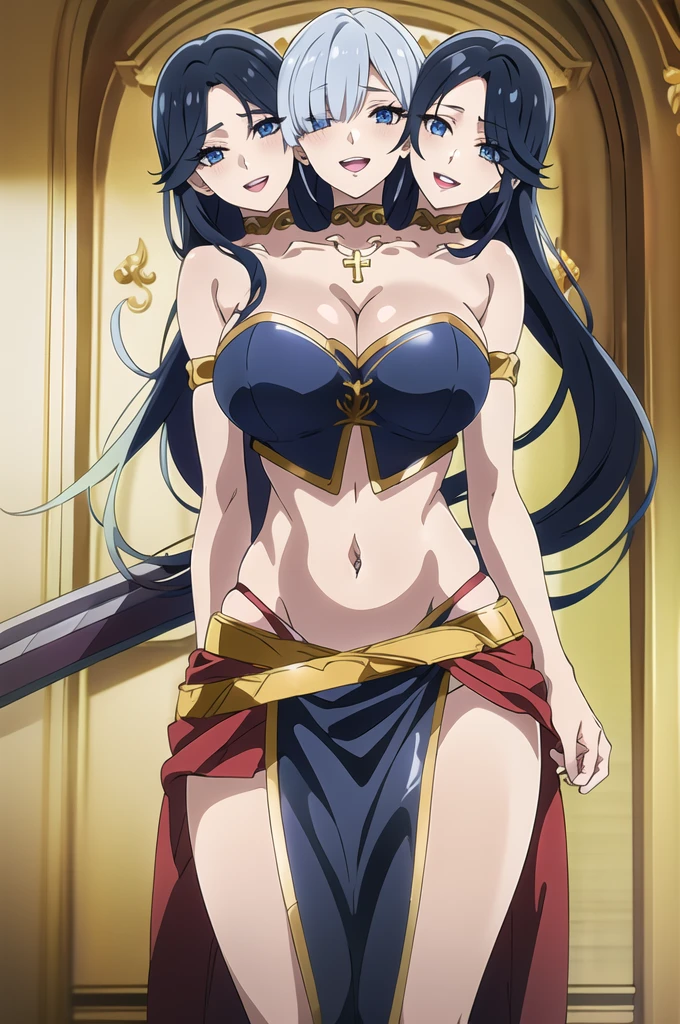 dark blue eyes, (3heads:1.5), gradient hair, long hair, hime cut,hair over one eye,
1girl, large breasts, slender,parted lips,
tsurime, long eyelashes, makeup,eyeshadow,
cross necklace, , blush, lipstick, black hair, masterpiece, best quality, highly detailed, fantasy , a anime girls in armored dress holding a sword
posing for a picture, evil smile, smile, open mouth, breastplate with open cleavage, cleavage, warrior
outfit, ecchi anime style, anime girls, ecchi style, (nsfw) not safe for work, ecchi, digital anime art!!, in
anime style, official artwork, visual novel cg, beautiful anime girl, anime style 4 k , loincloth, exposed
belly, exposed navel, exposed midriff, exposed lower belly, pencil skirt armored, castle,inside castle