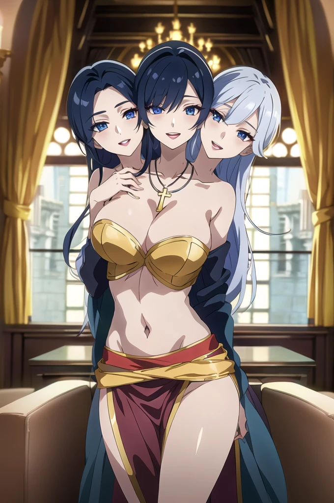 dark blue eyes, (3heads:1.5), gradient hair, long hair, hime cut,hair over one eye,
1girl, large breasts, slender,parted lips,
tsurime, long eyelashes, makeup,eyeshadow,
cross necklace, , blush, lipstick, black hair, masterpiece, best quality, highly detailed, fantasy , a anime girls in armored dress holding a sword
posing for a picture, evil smile, smile, open mouth, breastplate with open cleavage, cleavage, warrior
outfit, ecchi anime style, anime girls, ecchi style, (nsfw) not safe for work, ecchi, digital anime art!!, in
anime style, official artwork, visual novel cg, beautiful anime girl, anime style 4 k , loincloth, exposed
belly, exposed navel, exposed midriff, exposed lower belly, pencil skirt armored, castle,inside castle