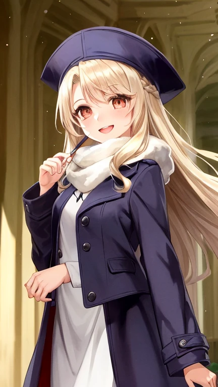 (best quality), (masterpiece), (ultra detailed), (highres), production art,
1girl, solo, illyasviel von einzbern, papakha, long hair, purple headwear, hat, red eyes, white hair, fur hat, smile, looking at viewer, long sleeves, bangs, purple capelet, capelet, open mouth, white scarf, blurry, coat, purple coat, scarf, dress, floating hair