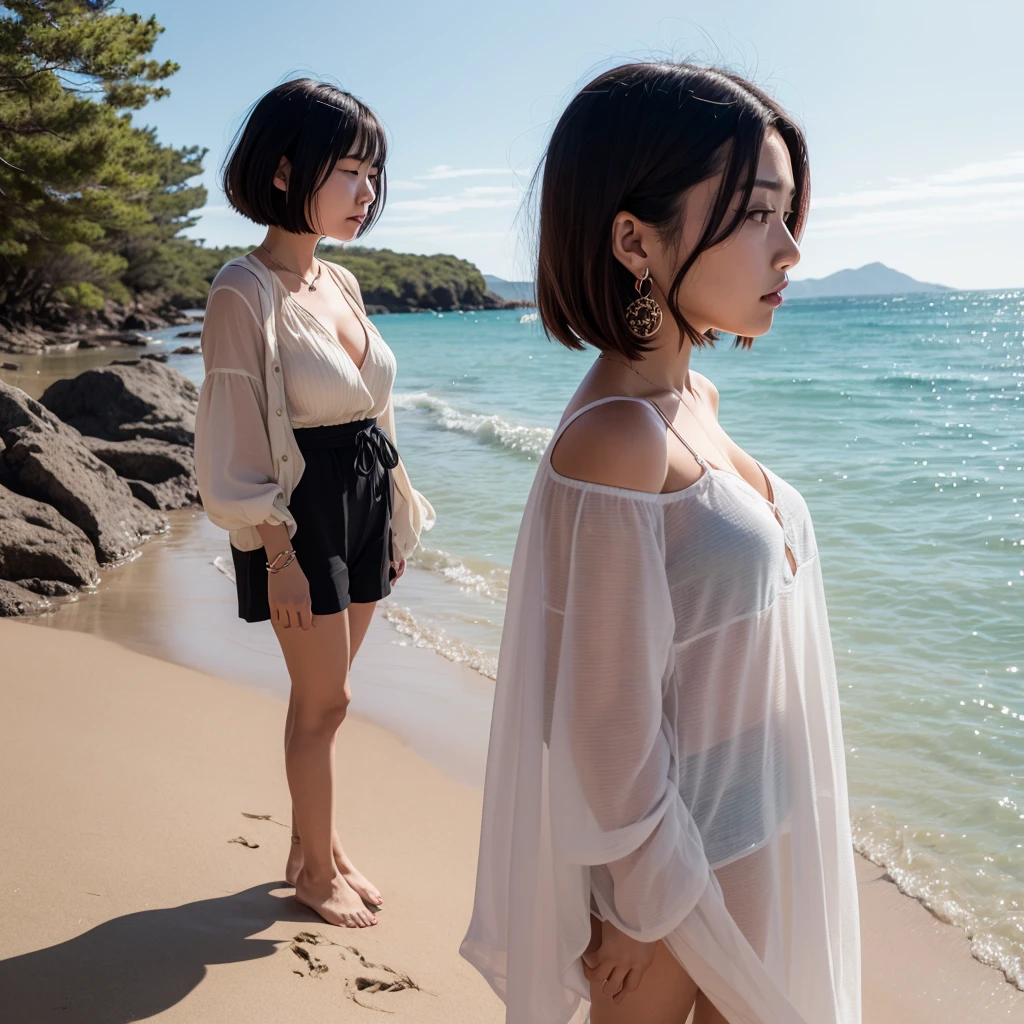 Profile of a woman standing on a sandy beach、Big earrings、Short Bob Hair、Japanese、Black Hair