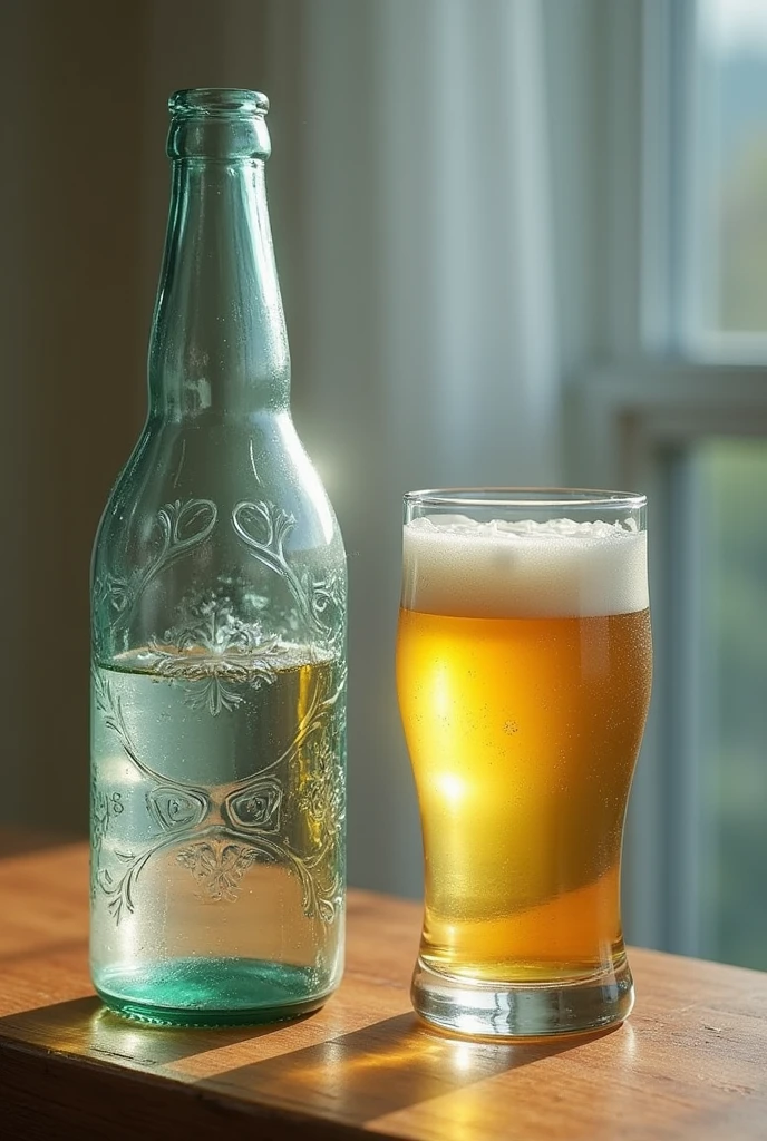 I want an image of a glass bottle and a glass next to it. The idea is that you can see the bottle and the glass is recycled from the bottle.