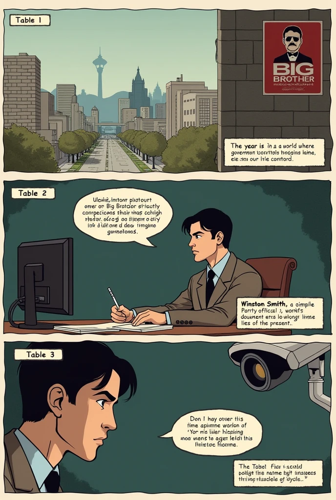 Page 1: Introduction to the World of 1984
Table 1:
Panoramic view of a dystopian city, with monotonous buildings and surveillance cameras on every corner. A large "Big Brother" poster is featured.
Caption: "The year is 1984. In a world where the government controls everything, even our thoughts are monitored."
Table 2:
Close-up on Winston Smith, the protagonist, sitting in an office, looking at a monitor while adjusting historical texts.
Caption: "Winston Smith, a simple Party official, works to falsify documents to align the past with the lies of the present."
Table 3:
Winston glances at a surveillance camera, with a look of discomfort.
Winston (thinking): "If only I could escape this invisible prison..."