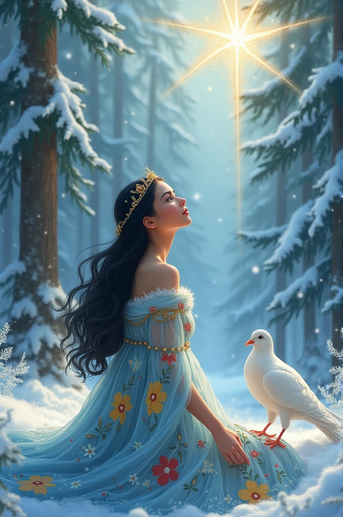Princess with white skin and long black hair. Blue, yellow and red floral dress. In a snowy forest with a white dove. She is looking at a shining star.