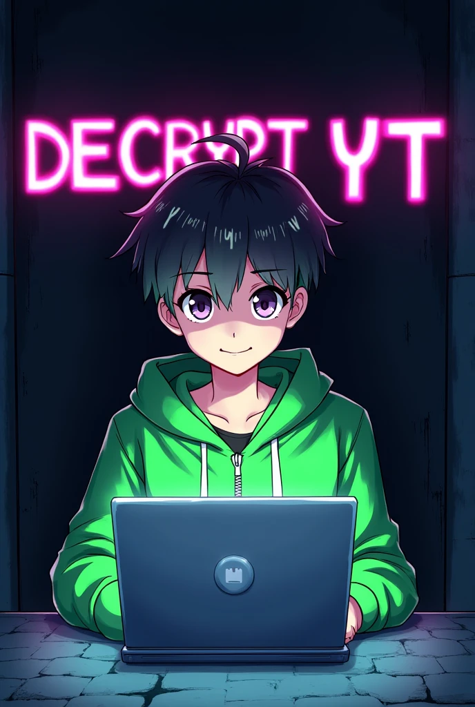 A anime with smile looking at laptop wearing green jacket and behind him is a black wall on which DECRYPT YT is Written