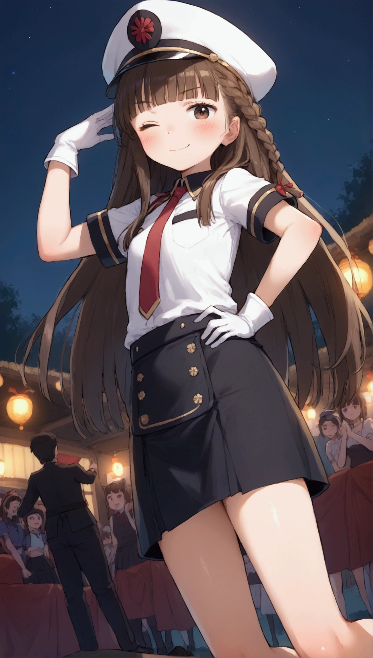 {Highest quality}, {Super beautiful},{Ultra fine},{Best illustration},Brown Hair,Hime cut,long hair,Braid,One woman,Standing Woman,Strike a pose,Adult women,smile,Excited face,Wink,Uniform cap,White Shirt,Short sleeve,long black skirt,White gloves,Night Festival,Blushing,Slender,Black stiletto heels,barefoot,From an angle,From below,Put one hand on your hip,Spread your legs,Lift one leg up