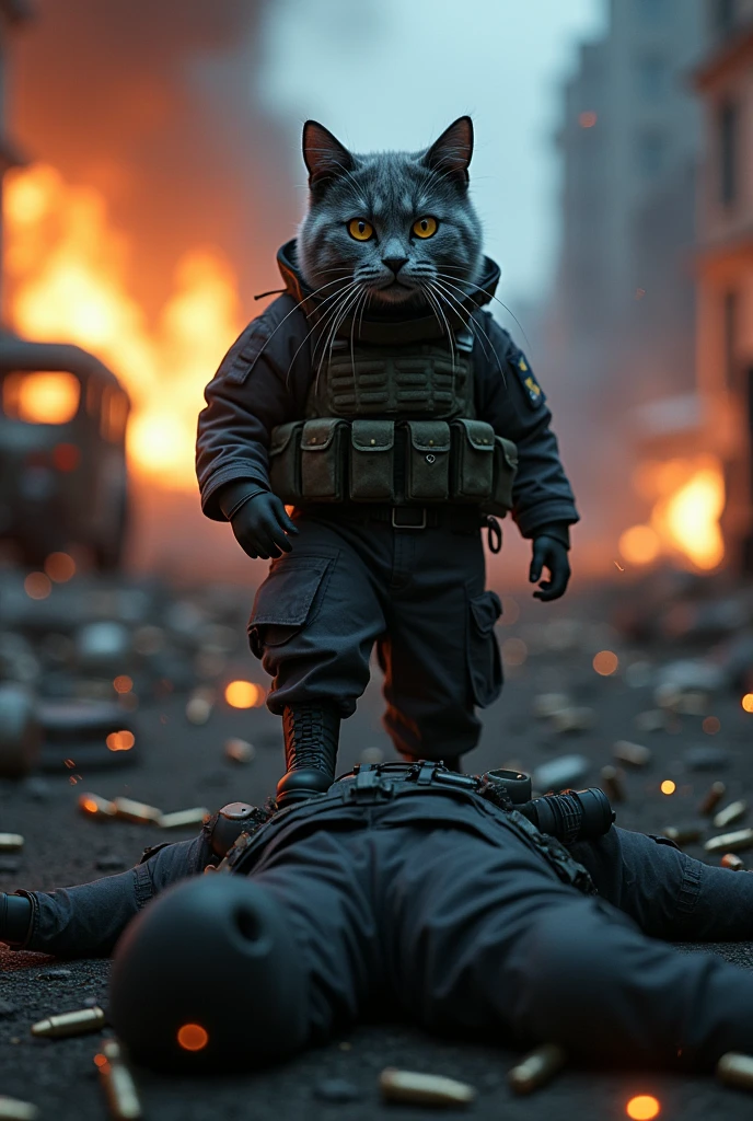 super low angle shot from below, a gray cat like a human, wearing Indonesian army special forces clothing, dark night, war simulation, gun shot effects, lots of toy bullets in the flour, smoke and sparks effects, standing on the enemy's body, light brown enemy clothing, destroyed background of burning buildings and car soldiers, epicrealism, atmospheric impressionism, film dramatic realism, MidJourney v6 realism, cinematic photo, hard focus realism --ar 36:61 --stylize 750 --v6