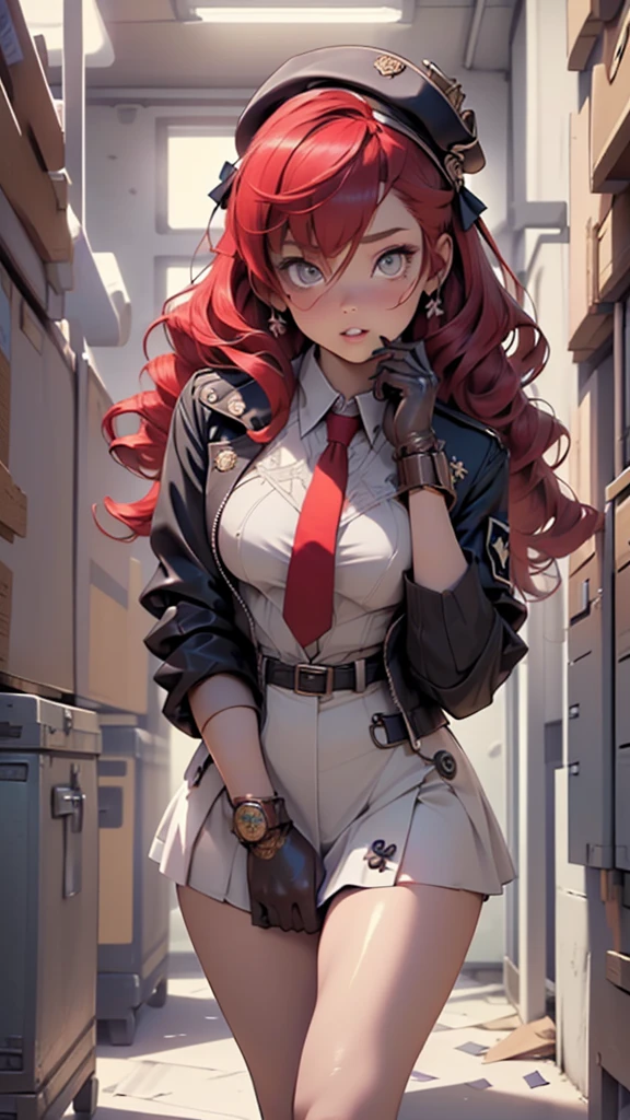 1girl,
(small breasts:1.4),((((red hair:1.3,crossed bang,hair between eyes,hair bow,long hair,wavy hair:1.5)))),(((gray_eyes:1.3))),((slit pupils)),intricate eyes,beautiful detailed eyes,symmetrical eyes,big eyes:1.5,((((lustrous skin:1.5,tanned skin,bright skin: 1.5,skin tanned,shiny skin,very shiny skin,shiny body,Reflective skin)))),(bimbo,spider lower abdomen,narrow waist,wide hip,athletic body,inflated legs,thick thighs,(detailed face)),beautiful detailed lips,(((scar on cheek))),(perfect slim body),
cute,slutty,sensual,seductive look,seductive,((erotic)),opulent,sumptuous,((nsfw)),
(blue headwear,hat,peaked cap),(blue jacket,jacket,long sleeves,open jacket,blue coat,coat),(blue shirt,collared shirt,shirt),(blue skirt,mini skirt,skirt),((halo,purple halo)),(loose necktie,necktie,red necktie),((open clothes)),((red armband)),(black gloves),((safety pin)),((bare legs)),
(flirtatious pose:1.3), looking at viewer,embarrassed,centered,scale to fit dimensions,Rule of thirds,
indoor((Nazi bunker,room, dark bunker, swastika,depths of a steampunk bunker)),scenery:1.25,((intricate scenery)),
(Glossy steampunk ornaments),highres,sharp focus,(ultra detailed,extremely detailed),(photorealistic artwork:1.37),(extremely detailed CG unity 8k wallpaper),(((vibrant colors,vibrant theme))),(intricate),(masterpiece),(best quality),artistic photography,(photography taken by sldr),(intricate background),perfect rendered face,perfect face details,realistic face,photo realistic,((intricate detail)),(((realism))),