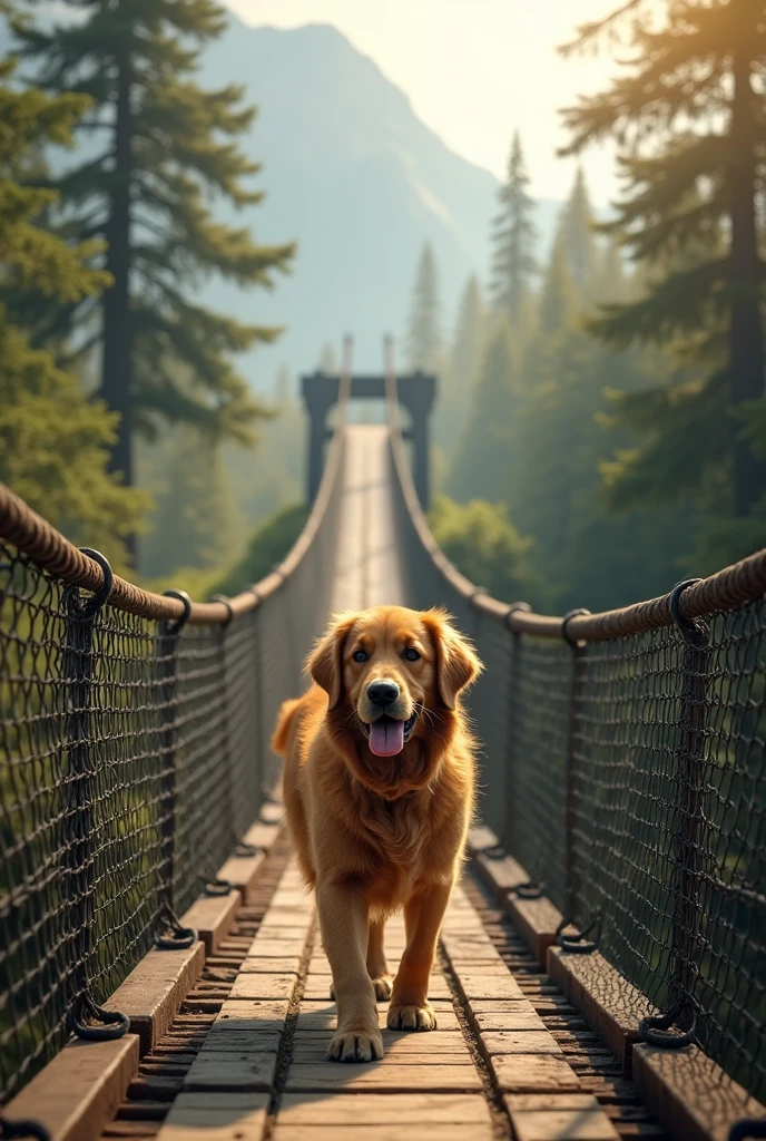 Golden retriever walking on suspension bridge 