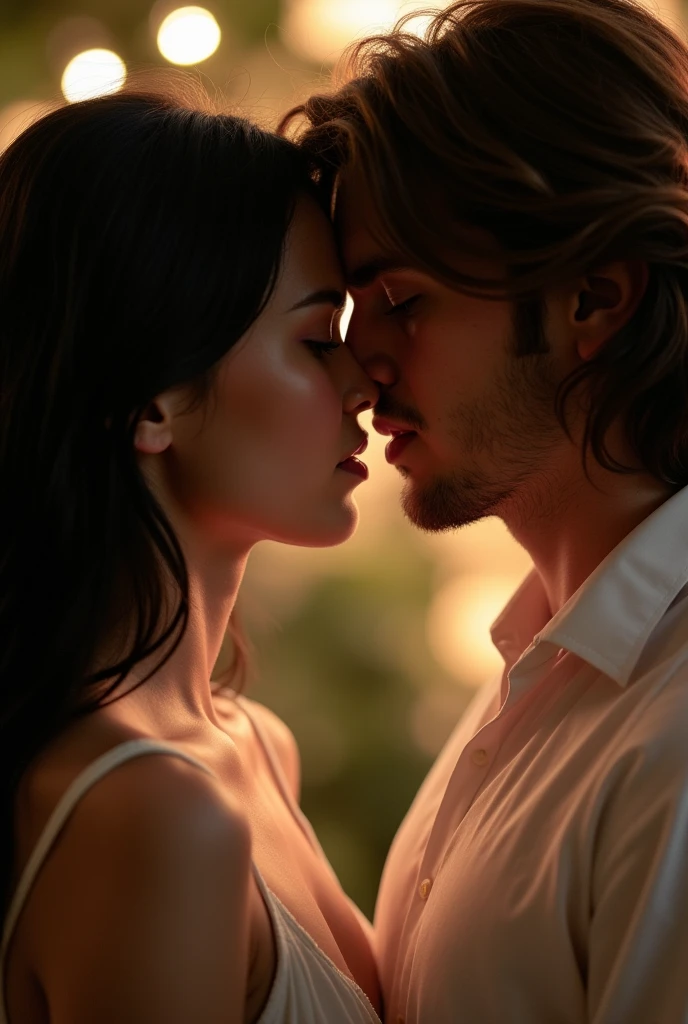 "Emily and Ethan are very close to each other, their faces almost touching. The scene is full of tension and emotion, as they exchange a deep, intense look. Ethan's lips are just an instant away from meeting hers. Emily , which are slightly ajar, reflecting expectation and desire. The background is softly blurred, focusing all attention on the proximity of their faces. The lighting is soft and warm, highlighting the emotional expressions on their faces and the intimate moment they are about to experience. .
emily has long black hair and wears a white dress, ethan has long black hair and wears a white dress shirt