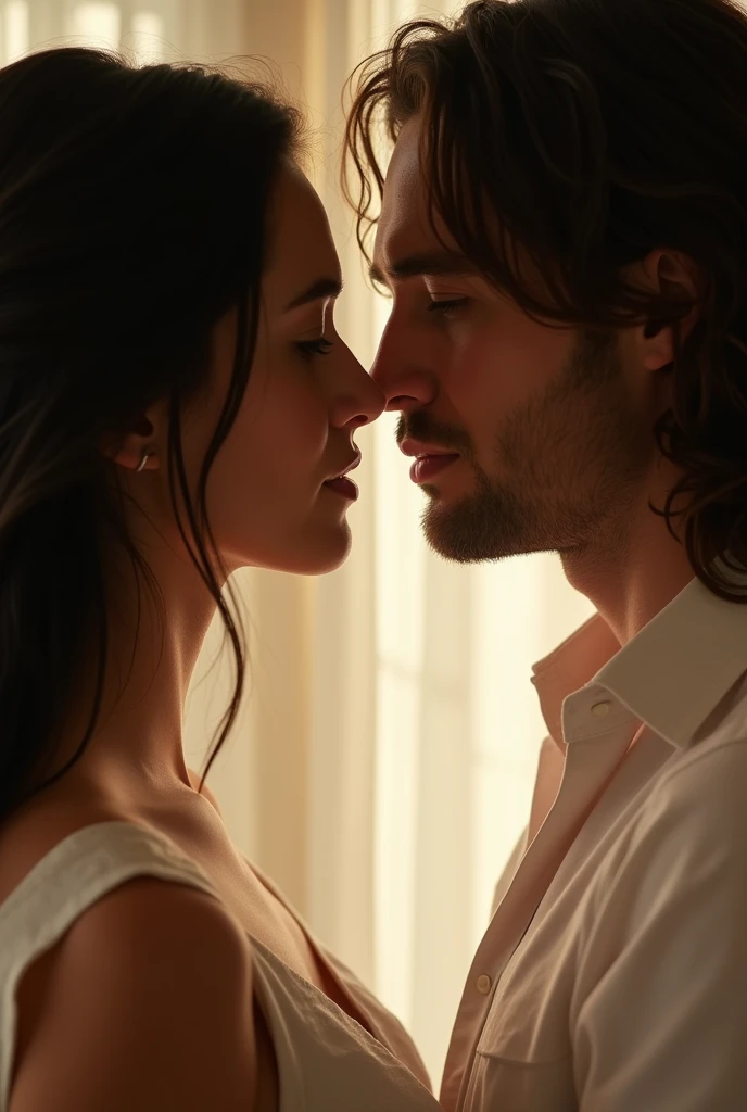"Emily and Ethan are very close to each other, their faces almost touching. The scene is full of tension and emotion, as they exchange a deep, intense look. Ethan's lips are just an instant away from meeting hers. Emily , which are slightly ajar, reflecting expectation and desire. The background is softly blurred, focusing all attention on the proximity of their faces. The lighting is soft and warm, highlighting the emotional expressions on their faces and the intimate moment they are about to experience. .
emily has long black hair and wears a white dress, ethan has long black hair and wears a white dress shirt