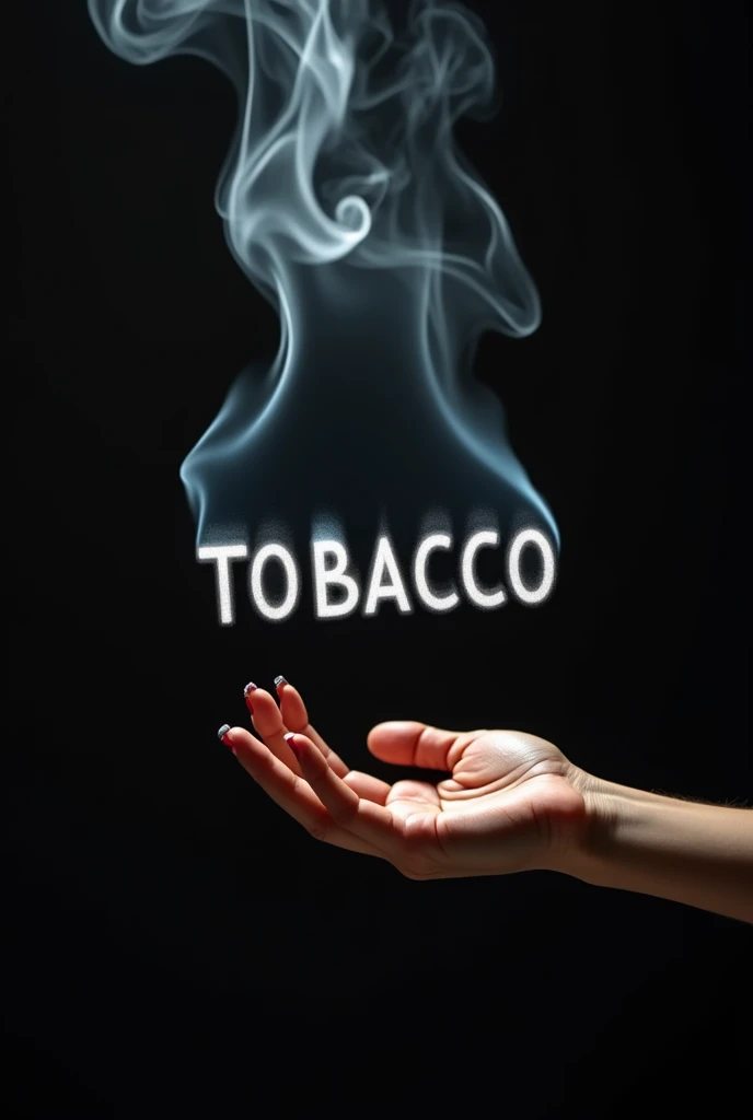 Smoke coming out of the palm of a woman&#39;s hand against a dark background and forming the word TOBACCO from the smoke itself