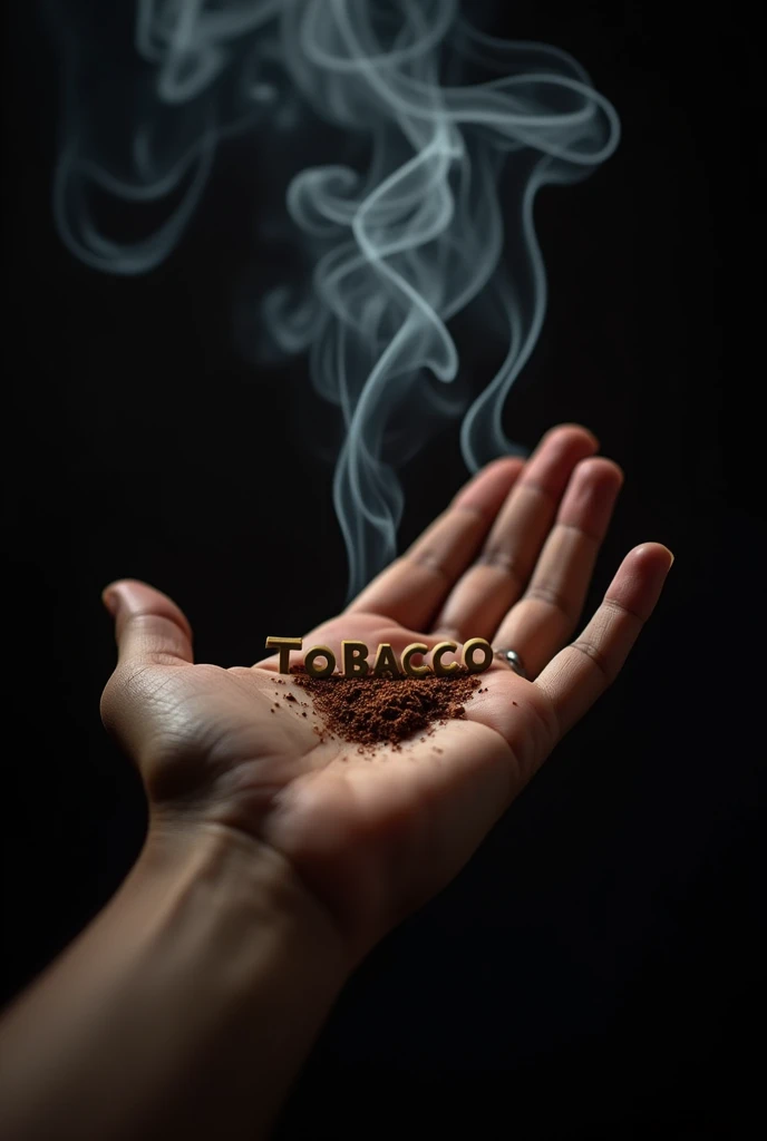 Smoke coming out of the palm of a woman&#39;s hand against a dark background and forming the word TOBACCO from the smoke itself