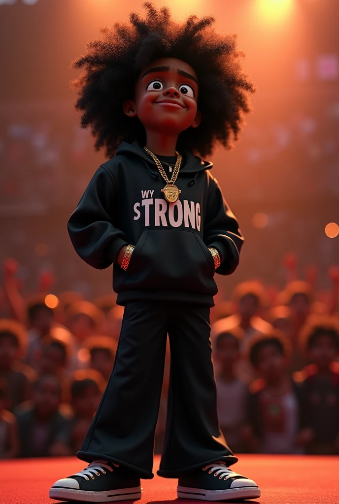 Disney Pixar (YOUNG BLACK MAN WITH LONG, CURLY BLACK HAIR) performing in a big show with a big crowd, in a black sports jacket with Wy Strong Sil writing, Wide black pants, black sneakers, many gold threads around the neck, gold watch on wrist, ( It doesn't change the appearance of the face and the hair is already perfect) pixar, cool and stylish
