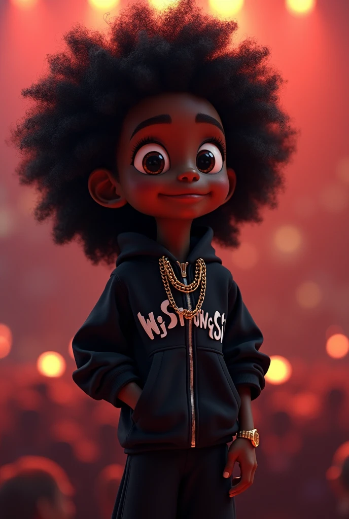 Disney Pixar (YOUNG BLACK MAN WITH LONG, CURLY BLACK HAIR) performing in a big show with a big crowd, in a black sports jacket with Wy Strong Sil writing, Wide black pants, black sneakers, many gold threads around the neck, gold watch on wrist, ( It doesn't change the appearance of the face and the hair is already perfect) pixar, cool and stylish