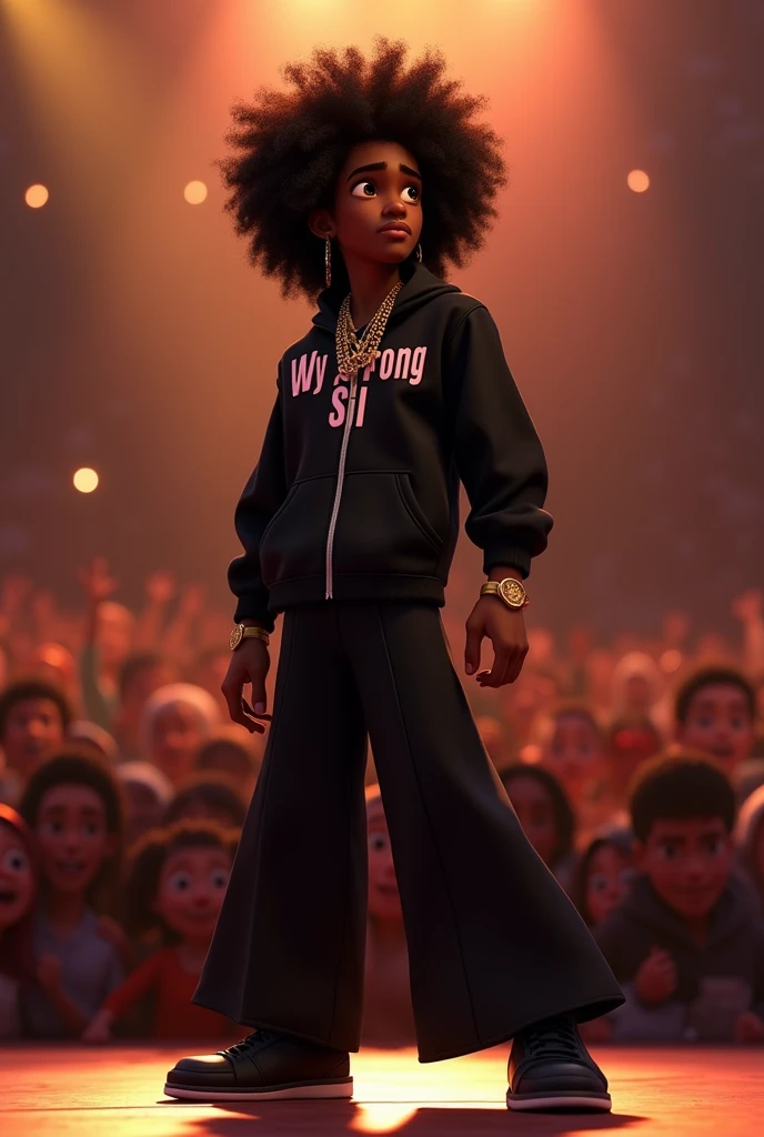 Disney Pixar (YOUNG BLACK MAN WITH LONG, CURLY BLACK HAIR) performing in a big show with a big crowd, in a black sports jacket with Wy Strong Sil writing, Wide black pants, black sneakers, many gold threads around the neck, gold watch on wrist, ( It doesn't change the appearance of the face and the hair is already perfect) pixar, cool and stylish