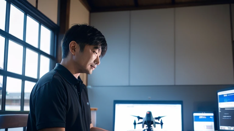 A Japanese man in his 40s is writing a product description for a new drone product on a large screen monitor on a computer.