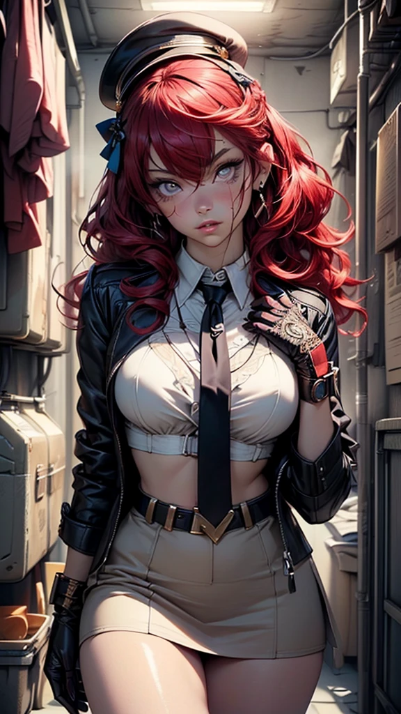 1girl,15 years old

(small breasts:1.4),((((red hair:1.3,crossed bang,hair between eyes,hair bow,long hair,wavy hair:1.5)))),(((gray_eyes:1.3))),((slit pupils)),intricate eyes,beautiful detailed eyes,symmetrical eyes,big eyes:1.5,((((lustrous skin:1.5,tanned skin,bright skin: 1.5,skin tanned,shiny skin,very shiny skin,shiny body,Reflective skin)))),(bimbo,spider lower abdomen,narrow waist,wide hip,athletic body,inflated legs,thick thighs,(detailed face)),beautiful detailed lips,(((scar on cheek))),(perfect slim body),

cute,slutty,sensual,seductive look,seductive,((erotic)),opulent,sumptuous,((nsfw)),

(blue headwear,hat,peaked cap),(blue jacket,jacket,long sleeves,open jacket,blue coat,coat),(blue shirt,collared shirt,shirt),(blue skirt,mini skirt,skirt),((halo,purple halo)),(loose necktie,necktie,red necktie),((open clothes)),((red armband)),(black gloves),((safety pin)),((bare legs)), 

(flirtatious pose:1.3), looking at viewer,embarrassed,centered,scale to fit dimensions,Rule of thirds,

indoor((Nazi bunker,room, dark bunker, swastika,depths of a steampunk bunker)),scenery:1.25,((intricate scenery)),

(Glossy steampunk ornaments),highres,sharp focus,(ultra detailed,extremely detailed),(photorealistic artwork:1.37),(extremely detailed CG unity 8k wallpaper),(((vibrant colors,vibrant theme))),(intricate),(masterpiece),(best quality),artistic photography,(photography taken by sldr),(intricate background),perfect rendered face,perfect face details,realistic face,photo realistic,((intricate detail)),(((realism))),
