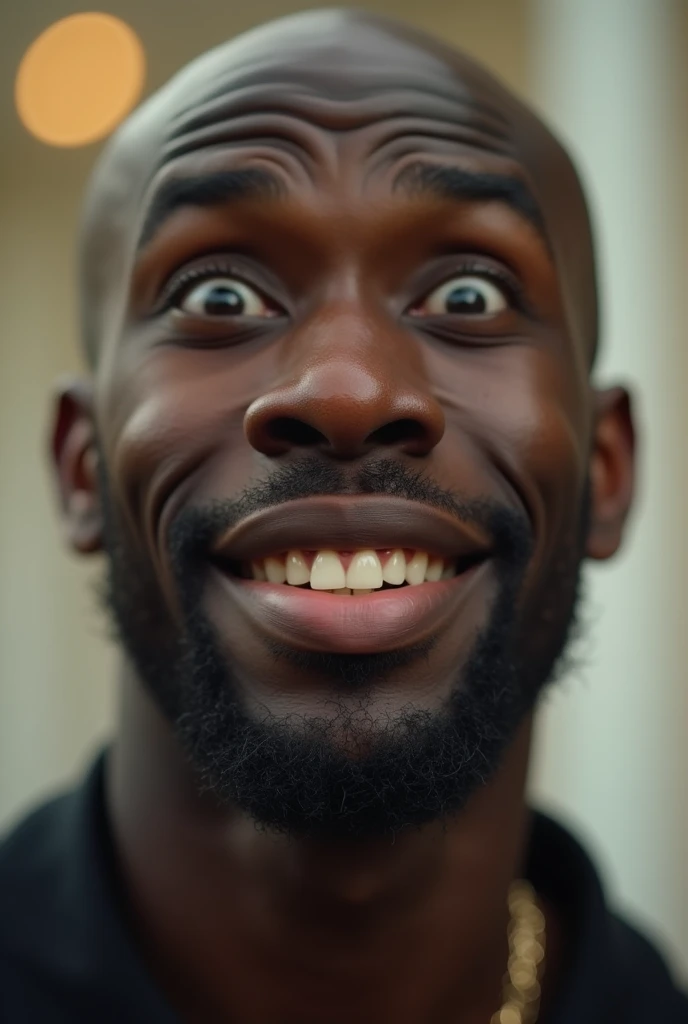 bald black man,sound , with bulging eyes separated, separated teeth, approximately 22 years old with a surprised face and thick lips, big nose, It's practically a meme