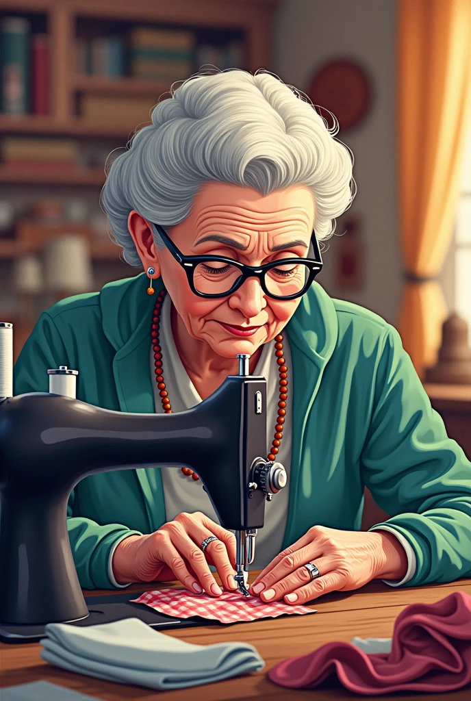 Create an image of a campaign for city councilor with an elderly lady, glasses and a sewing machine in a drawing written by Maurinha Fernandes, sewing the future!
