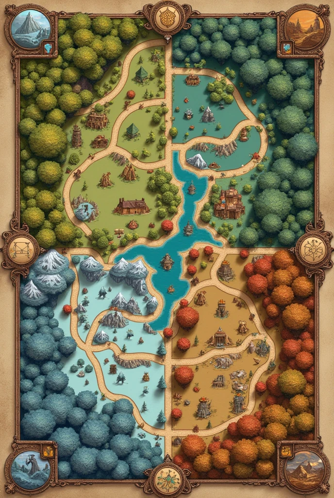 Design a medieval map where it is divided into four sections based on the four seasons (summer, spring, autumn and winter)