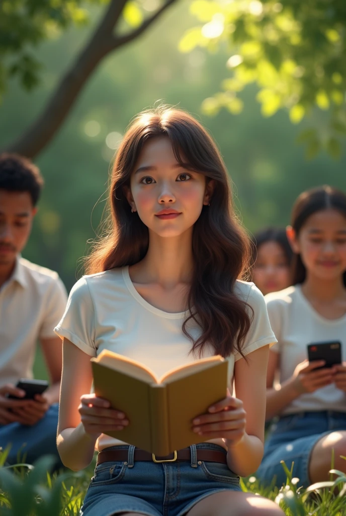 A girl between 19 and 21 years old with a book in her hands and an expression that she had an idea, standing in a garden with other people sitting around you, these people are of different ethnicities, wearing the same clothes and with cell phones in their hands, trapped in their own world