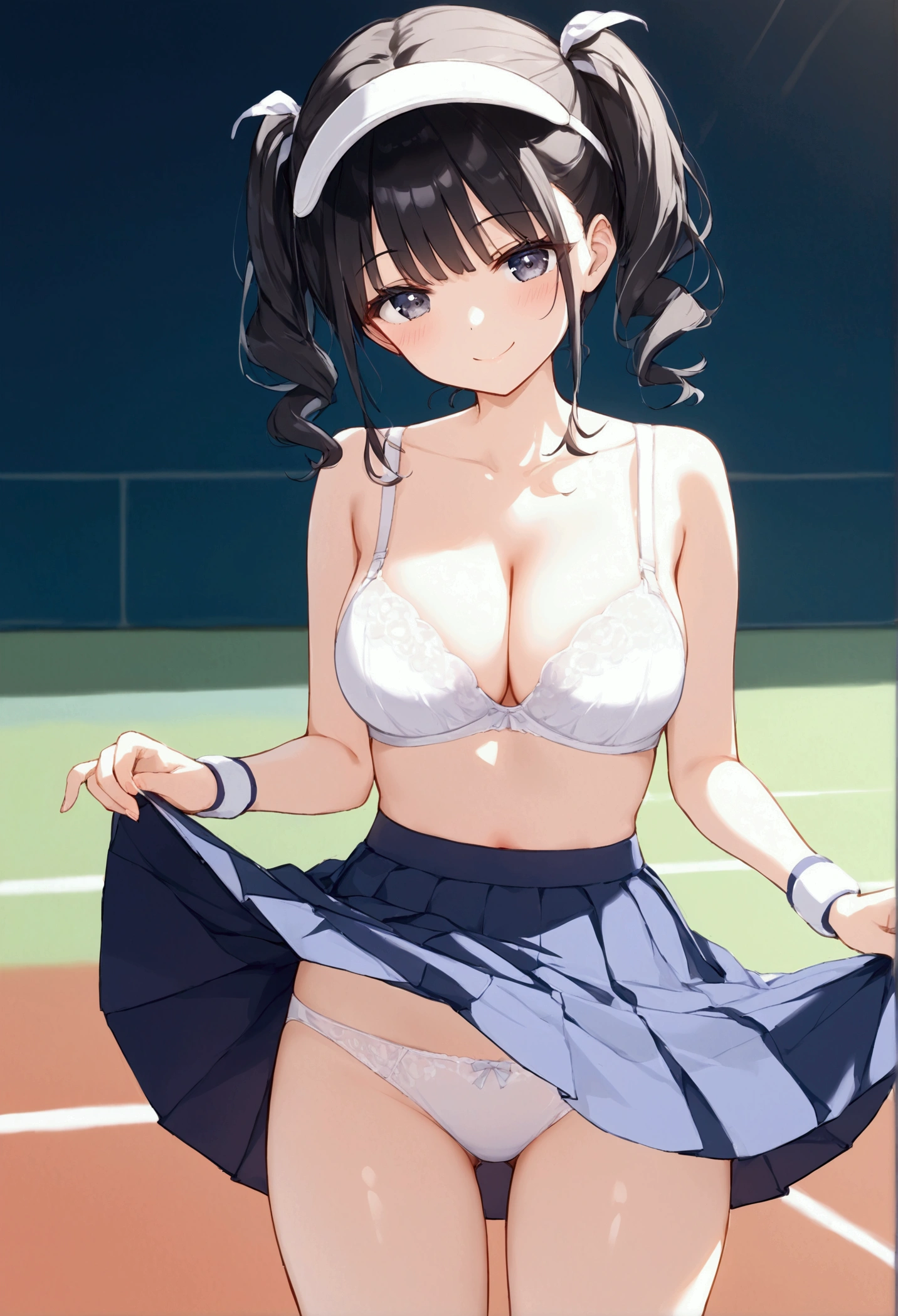 高いquality illustration, masterpiece, Very delicate and beautiful, Slender body, Anime Style, Beautiful Eyes, masterpiece, Highest quality, High resolution, Very detailed, Perfect lighting、Painted from the front、Very young girl、1 female、Multiple Guys、Black Hair、Iris、smile、Short Twin Tails、tennis Club、(White tennis uniform)、Tennis court、audience、Strong winds、Holding a condom in hand、((costume lift))、(White bra)、((Skirt Lift))、(White panties)、Squint your eyes、Half an eye
