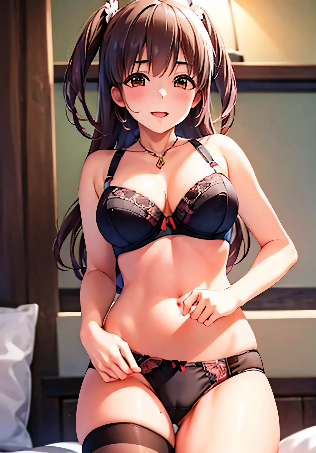 Highest quality、nsfw,Ultra HD,8k,Fine details、Super detailed、Japanese、Correct body proportions、smile、sexy bra、Sexy panties、lure、Bedroom