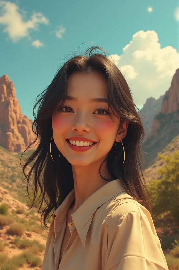 Woman ((upper body selfie, glad)), Masterpiece artwork, best qualityer, ultra-detailed, standing alone, plein-air, (natta), mountainscape, naturey, (stele, moonligh) happy, glad, eyeshadows, sharp contrast, clear sky, analog style , (warm hue, warm toned), NSFW