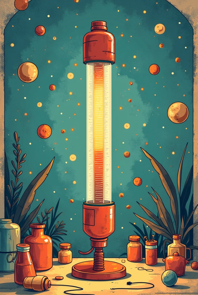 Create a comic book style banner with the theme of a homemade thermometer made from a plastic bottle and isopropyl alcohol and include an informative description about the theme but write in Portuguese.
