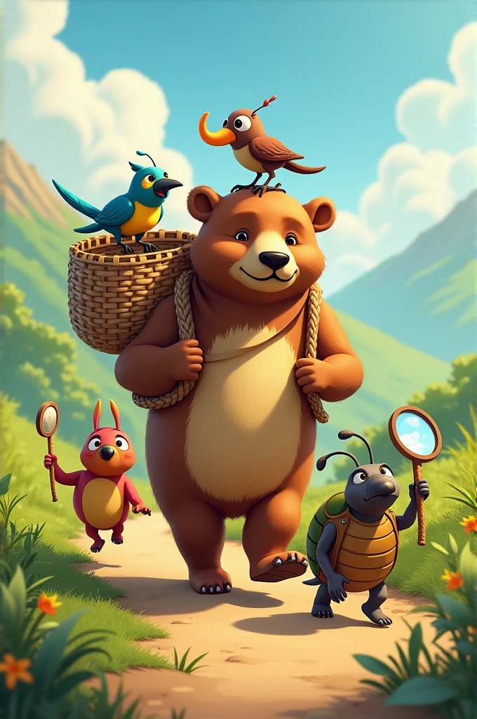 Bruno Bear carried a large basket, Paco a parrot a mirror to make signals, Antonia the ant a strong rope and Tuga the turtle his wisdom.