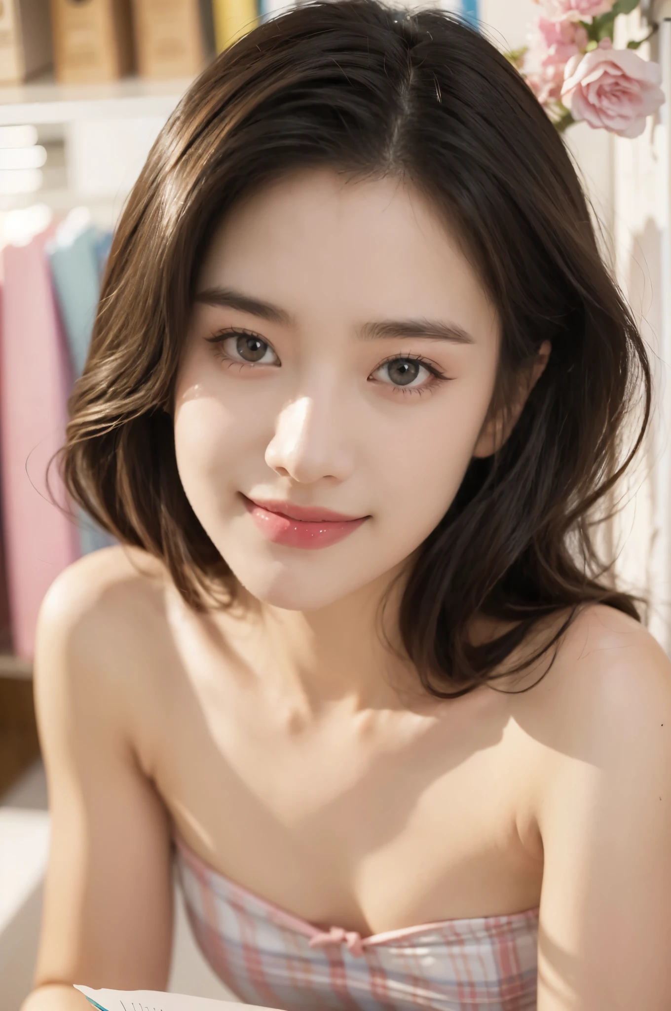 (((best quality))),(((ultra detailed))),(((masterpiece))),illustration,((1 beautiful girl,solo)),((slim,thin)),((small breasts,flat chest)),(shoulder length straight bob:0.8), delicate features, bright eyes, excitement, (strapless pink plaid bra:1.3),bow tie,soft pink fabric,(in charming stationary store:1.3),colorful designs,vibrant playful animals patterns, notebooks, planners, sweet scent of paper, crafting supplies, paper flowers, sequins, ribbons, radiant smile, joy, contagious, happiness, warmth, pure bliss, enchanting store, everyday pleasures, power of creativity,((from front,close-up of face))